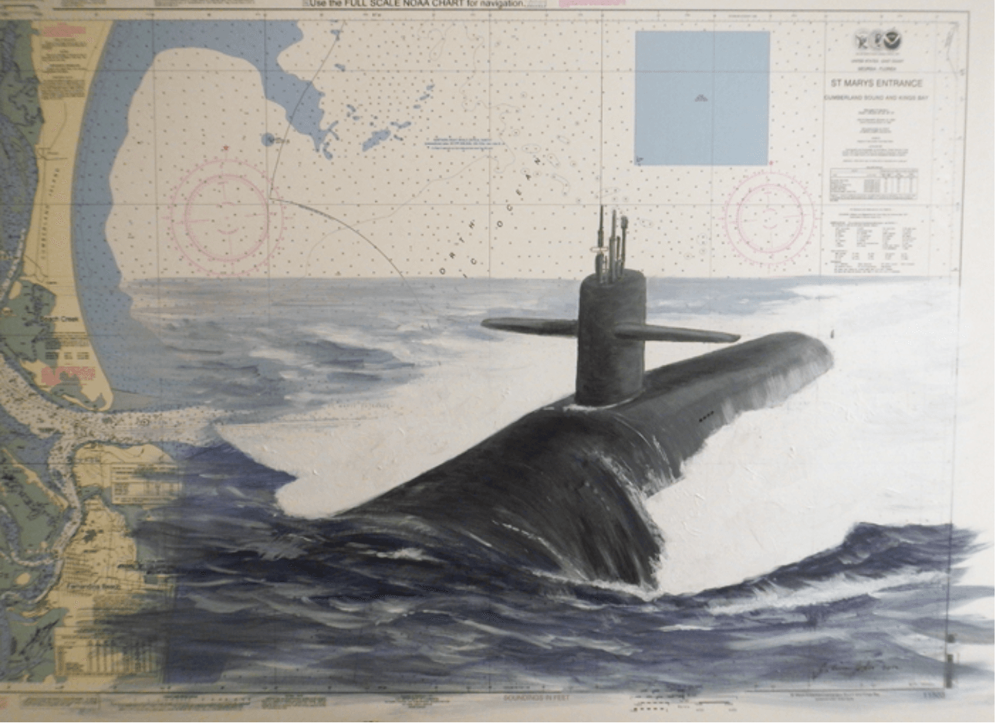 Painting of military vessel over map