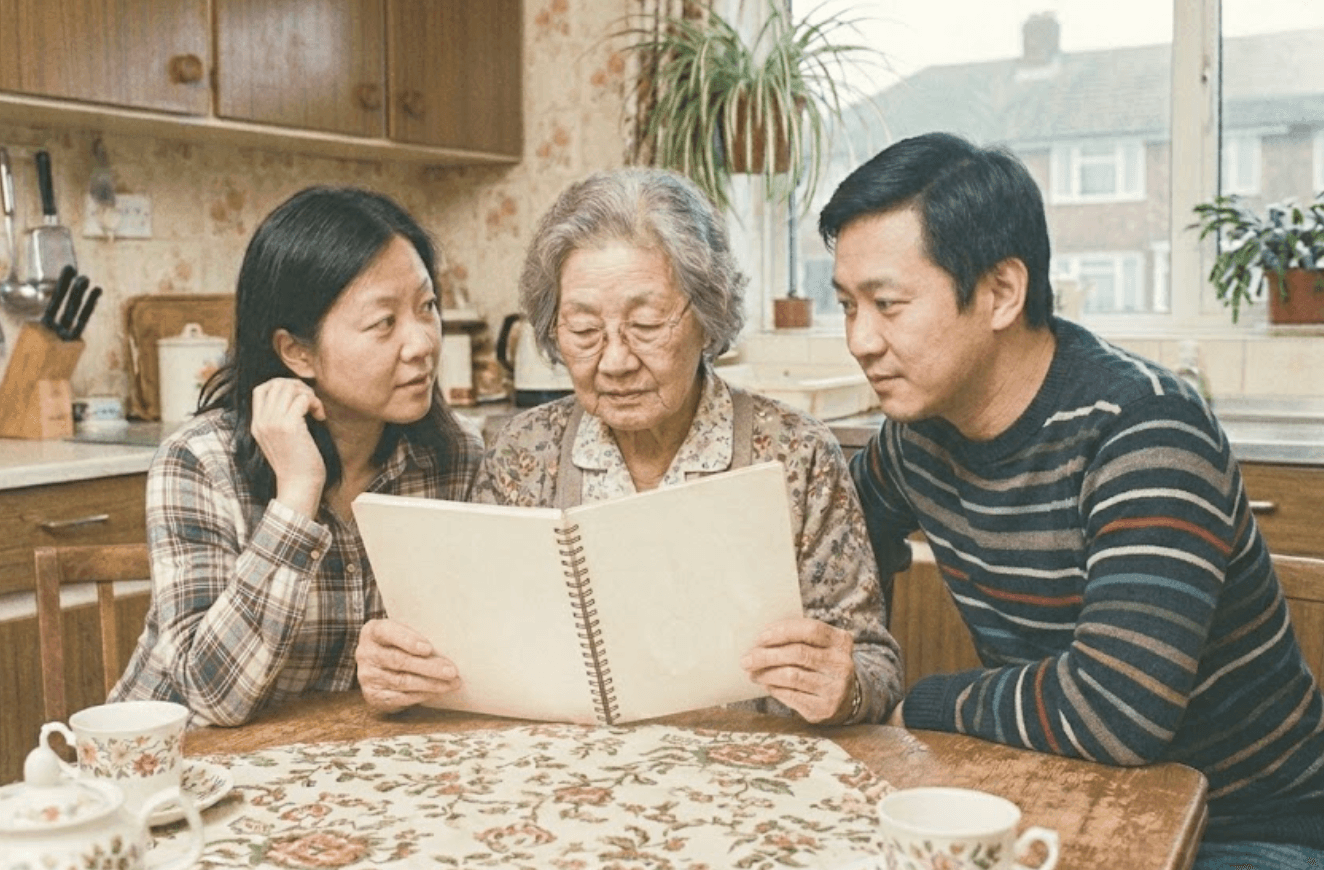 mom reading recipe book