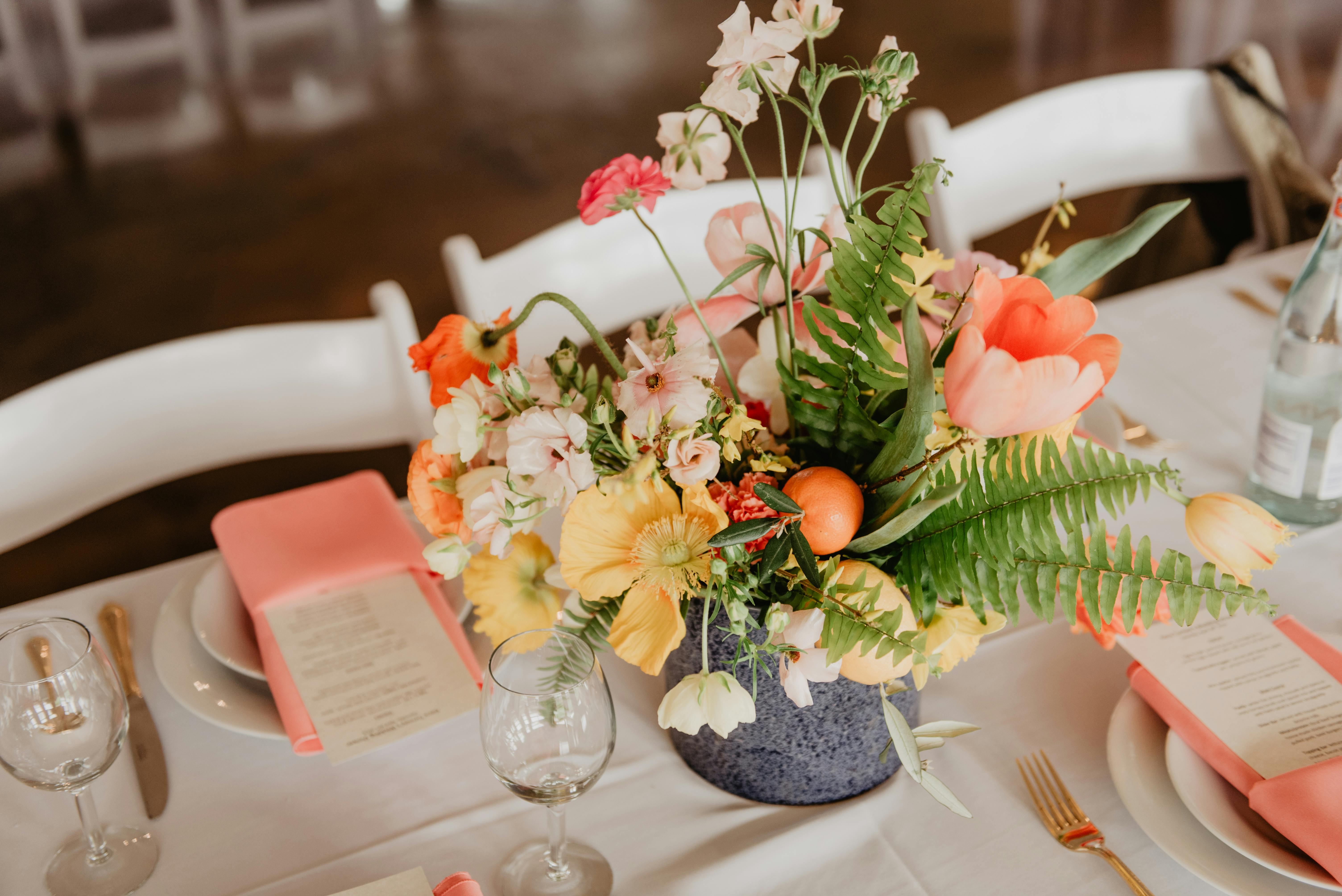 wedding tablescape with peach flowers