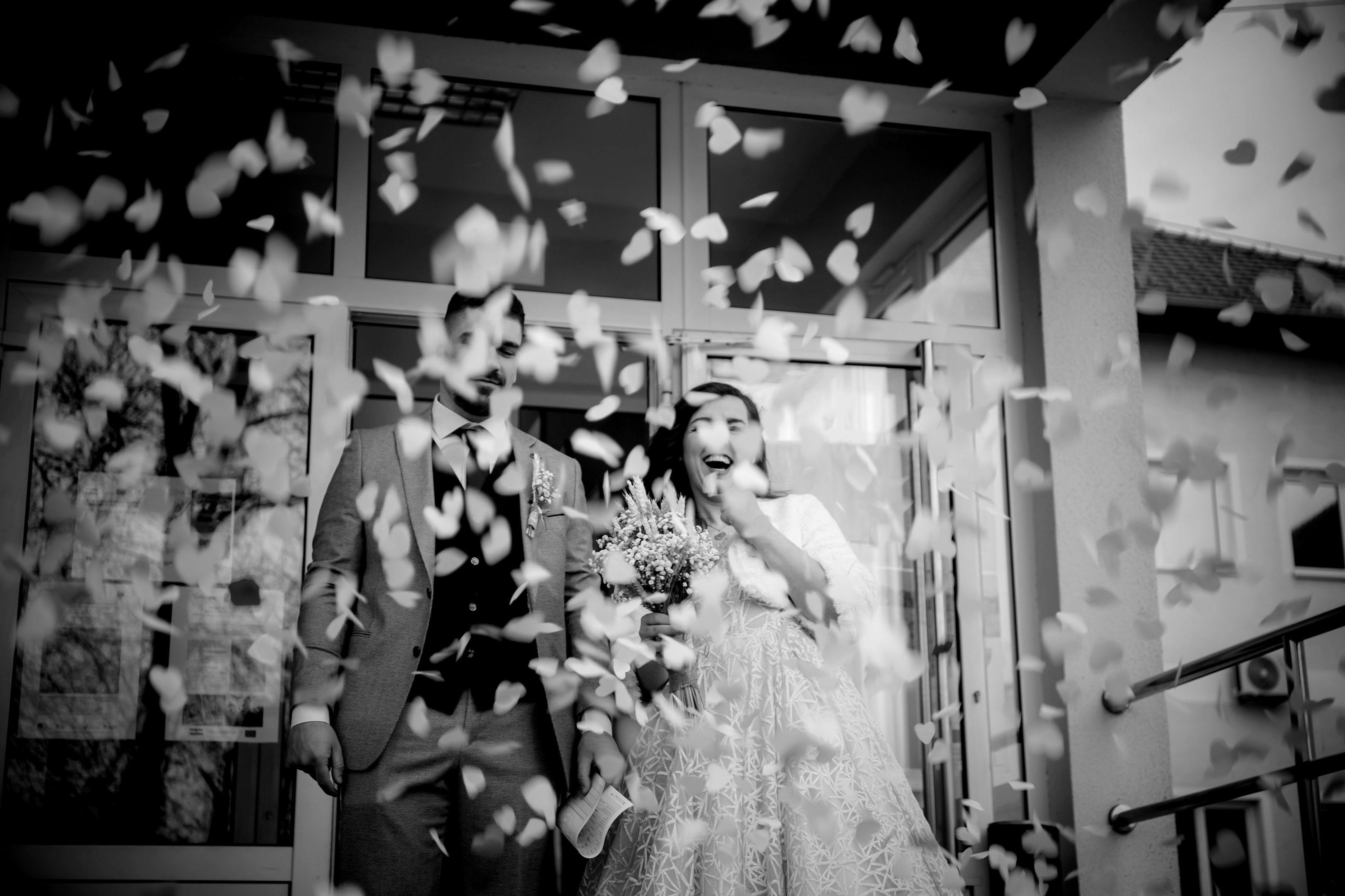 black and white photo of bride and groom